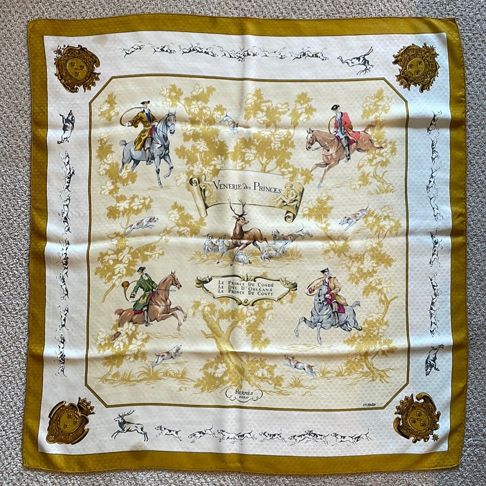 VINTAGE Hermes Silk Scarf Venerie Des Princes 1957 Silk Twill Charles Hallo